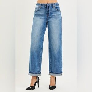 RISEN Elastic Band Slouch Ankle Boyfriend Cuffed Hem Jeans
